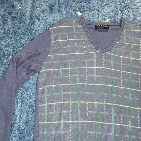 VINTAGE Striped V Neck Sweater Size XL Mens Retro Blue Puritan Preppy 90s - Picture 3 of 8